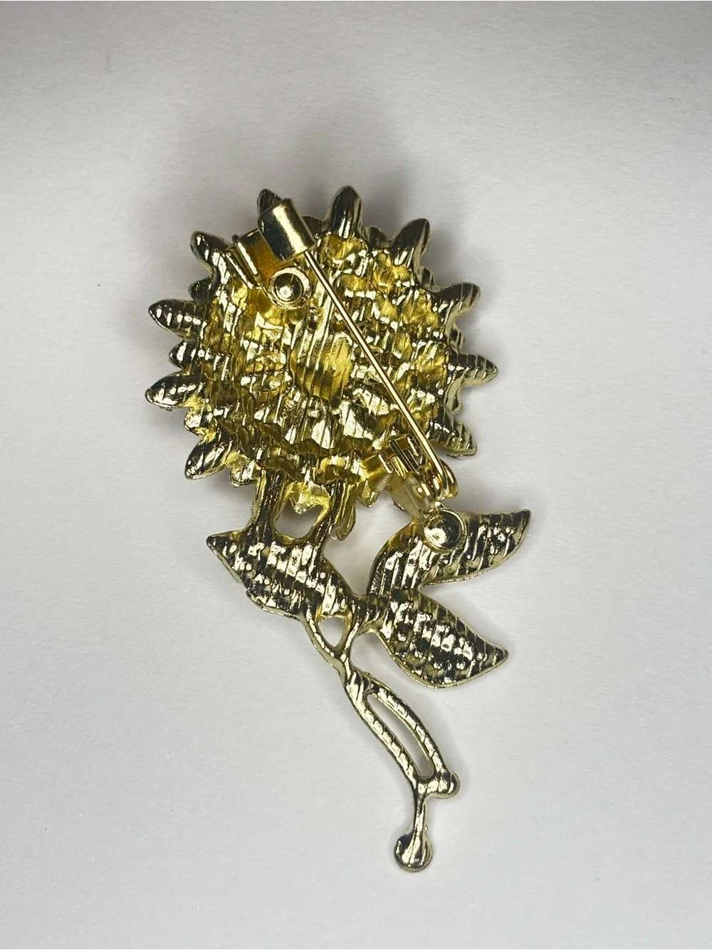 Sunflower Brooch Gold Tone Amber Rhinestone Floral‎ Pin Large 3”